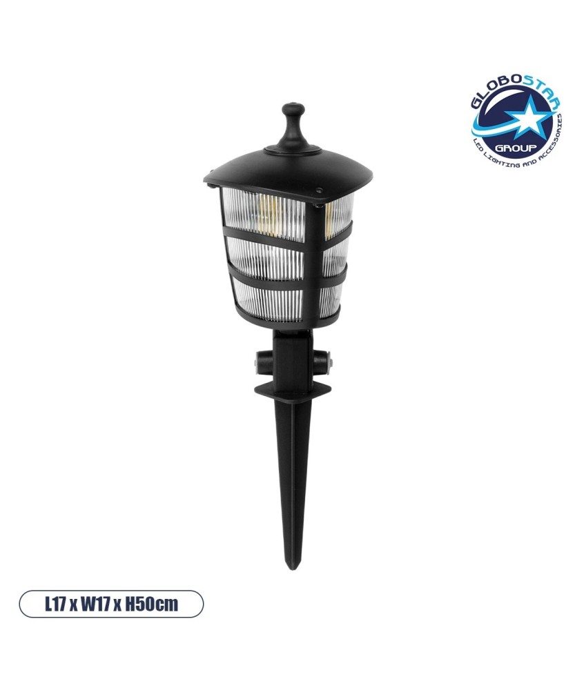 GloboStar® ZARDIN 203-0208 Vintage Καρφωτό Φωτιστικό Φαναράκι Μονόφωτο 1 x E27 IP44 Μαύρο & Διάφανο Πλαστικό - Μ17 x Π17 x Υ50cm